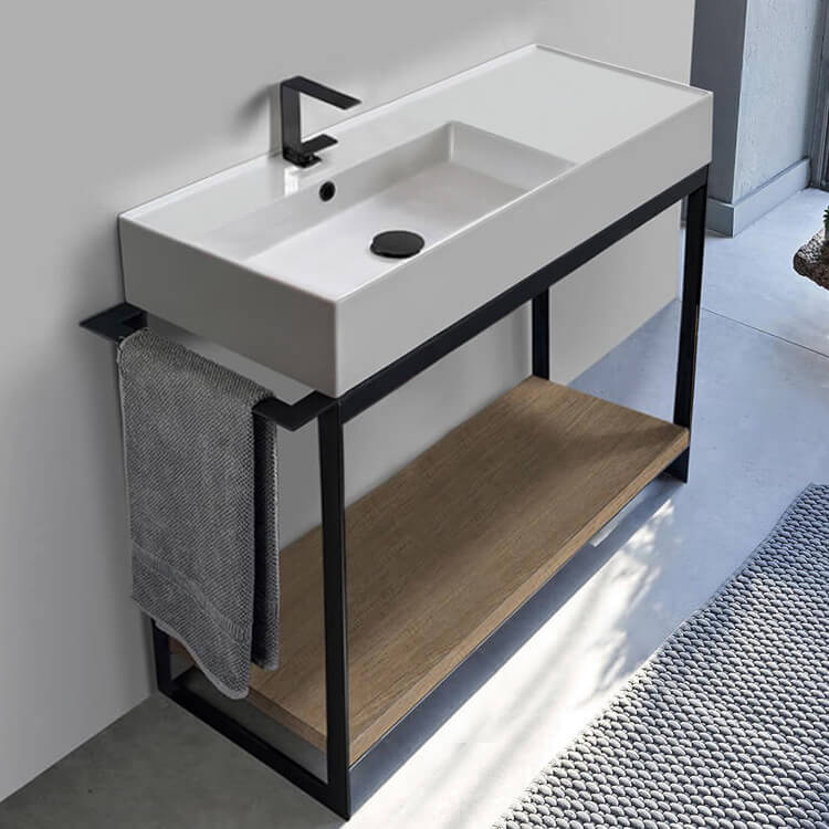 Scarabeo 5119-SOL2-89-One Hole Console Sink Vanity With Ceramic Sink and Natural Brown Oak Shelf
